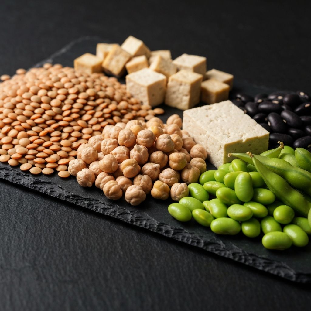 Plant-based protein foods including lentils, chickpeas and black beans