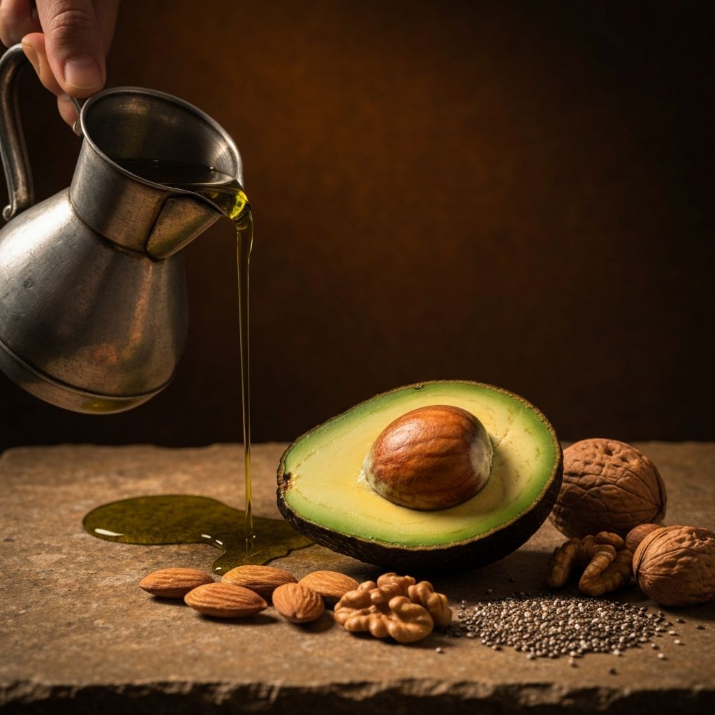 Dietary fat sources including avocado, olive oil and nuts on a stone surface