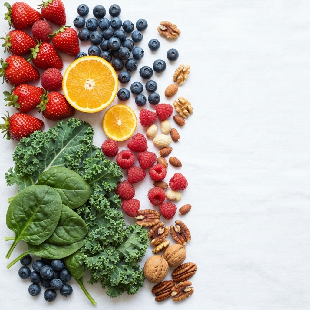 Micronutrient-rich foods including colourful fruits, leafy greens and berries
