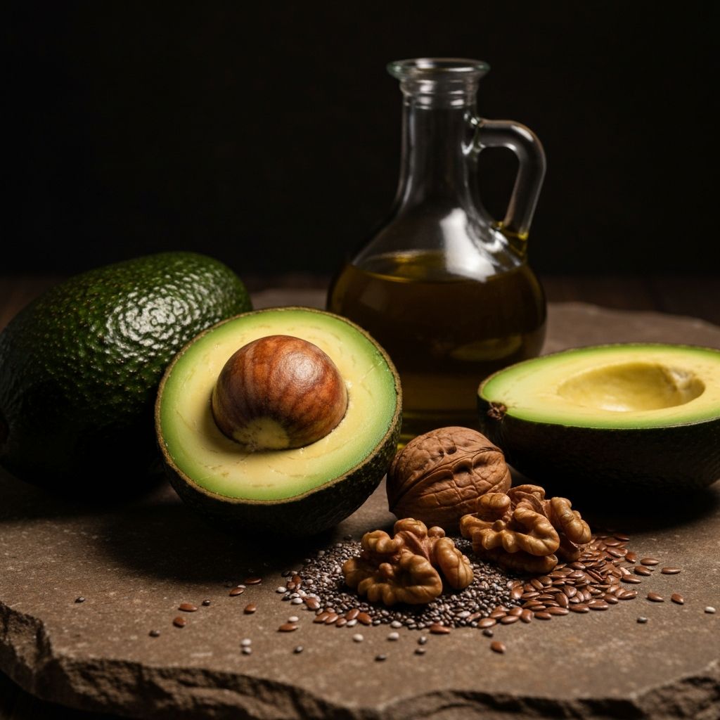 Healthy fat sources including avocado, olive oil and walnuts