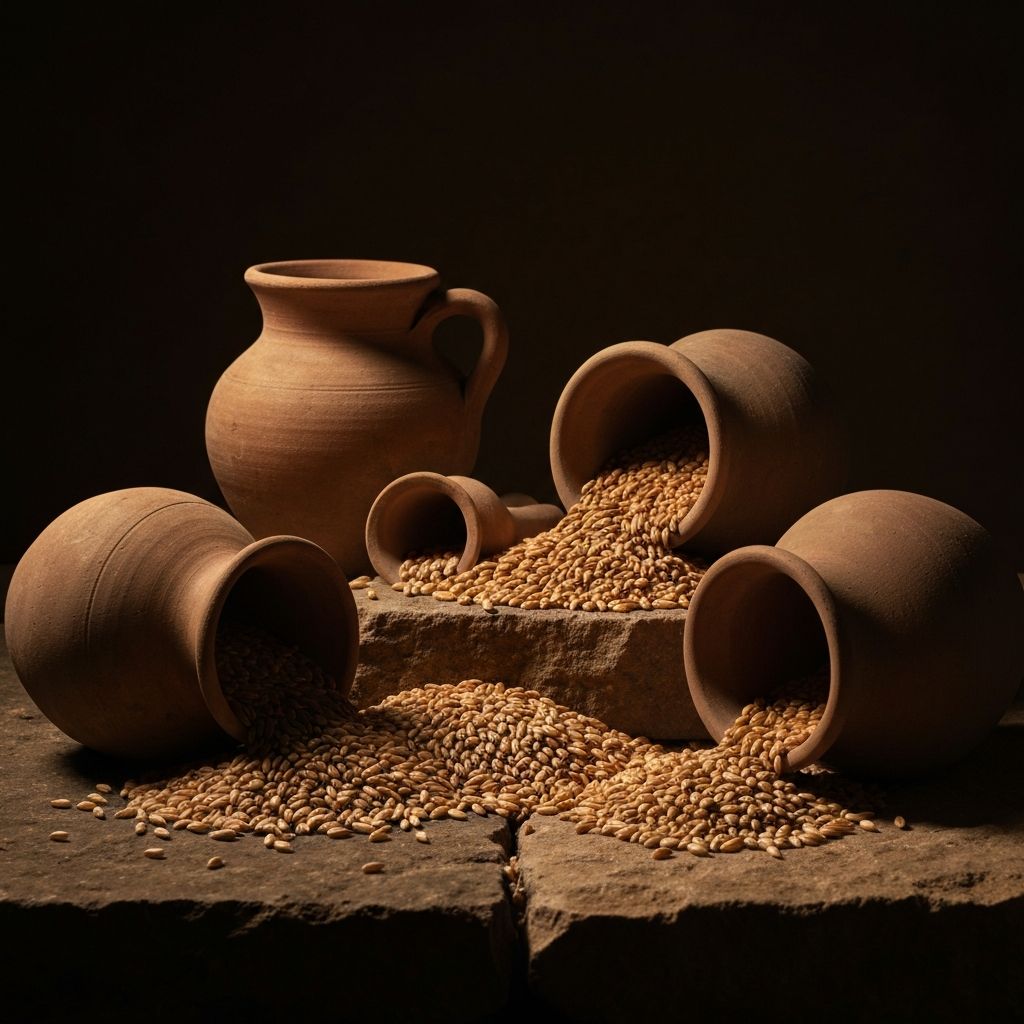 Ancient grain foods and clay pots on stone surface